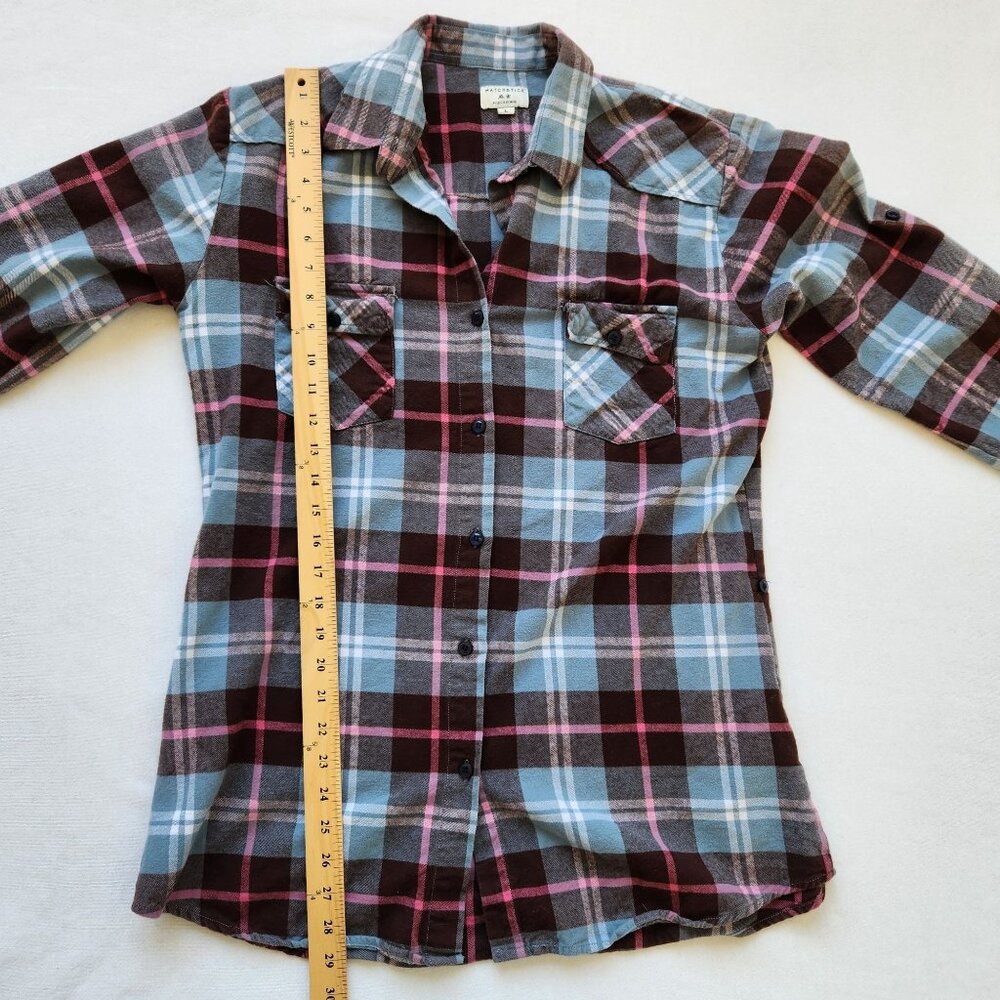 Matchstick Plaid Flannel Button-Up Shirt Blue Brown Pink Cabincore Woodsy Rustic - Picture 9 of 9
